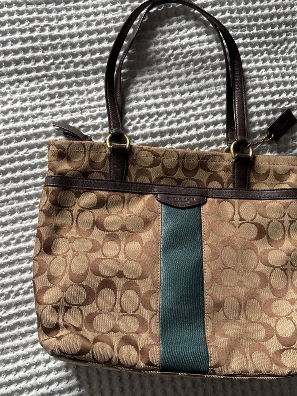 Coach Brown Signature Tote with Green Center Stripe